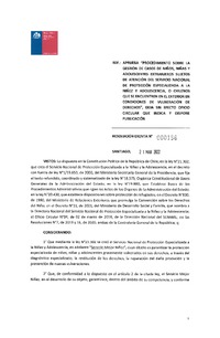 Resolución Exenta N°186 del 21 de marzo de 2022 que aprueba "Procedimiento sobre la gestión de casos de niños, niñas y adolescentes extranjeros sujetos de atención del Servicio Nacional de Protección Especializada a la Niñez y Adolescencia, o chileno que se encuentren en el exterior en condiciones de vulneración de derechos", deja sin efecto oficio circular que indica y dispone publicación
