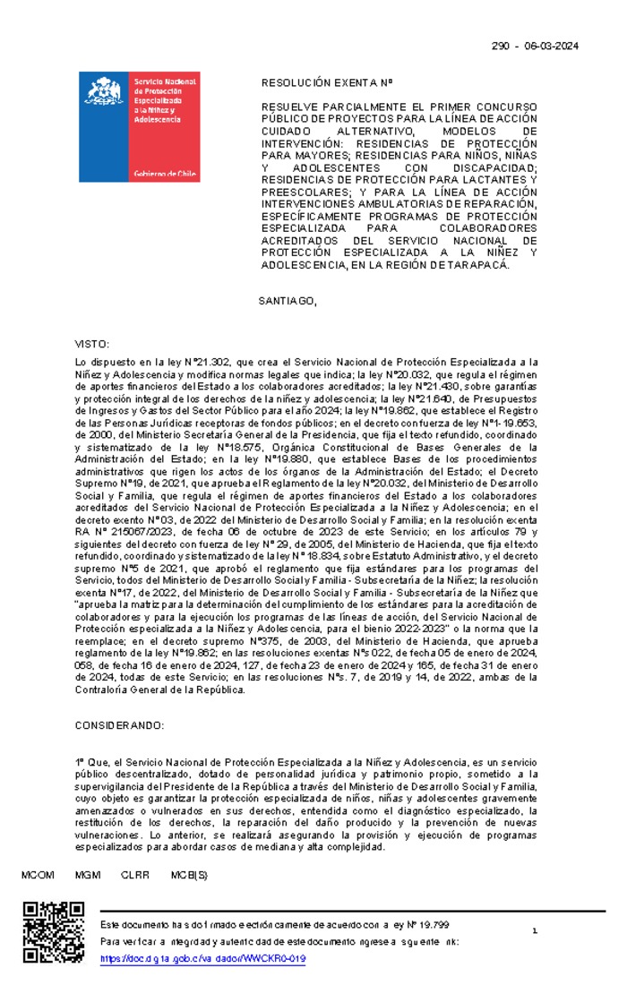 Resolución Exenta Nº290 que resuelve parcialmente el Primer Concurso Público de Proyectos para la línea de acción Cuidado Alternativo en la región de Tarapacá