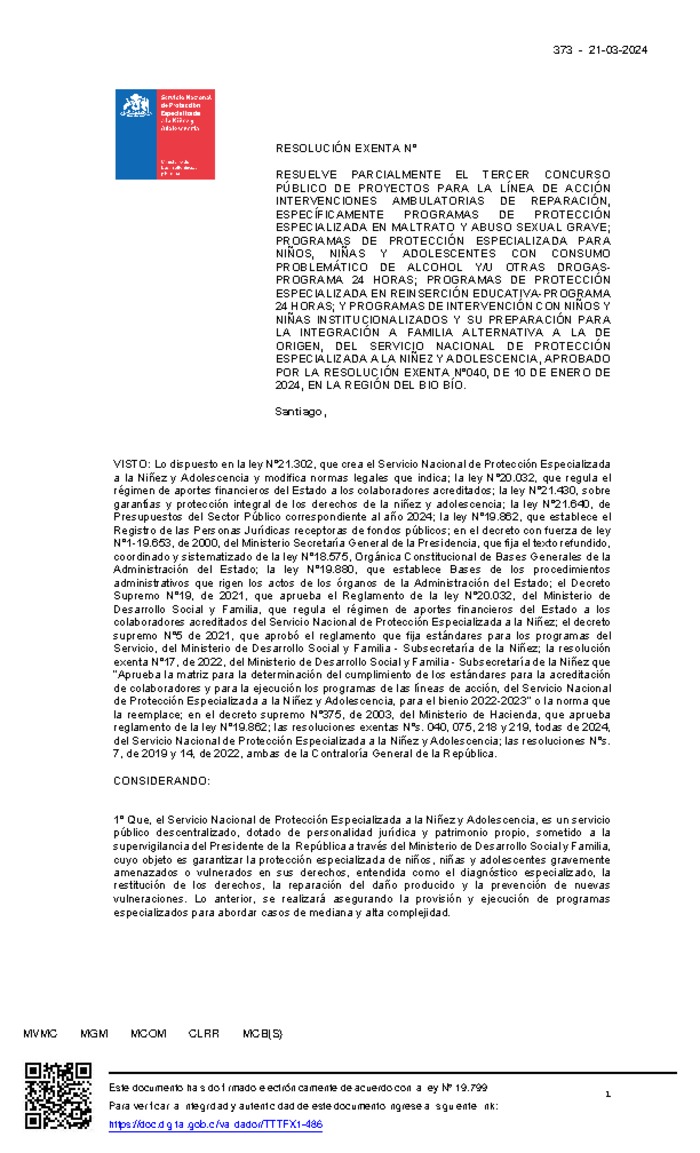 Resolución Exenta Nº373 que resuelve parcialmente el Tercer Concurso Público de Proyectos 2024 en la región de Biobío
