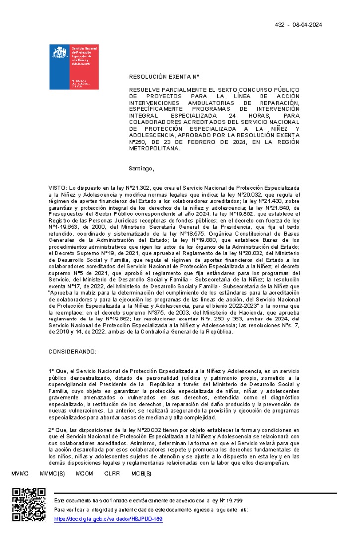 Resolución Exenta Nº432 que resuelve parcialmente el Sexto Concurso Público de Proyectos 2024