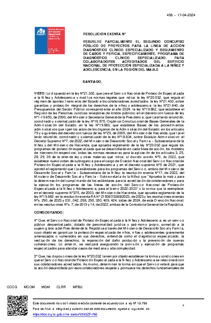 Resolución Exenta Nº458 que resuelve parcialmente el Segundo Concurso Público de Proyectos 2024 en la región del Maule