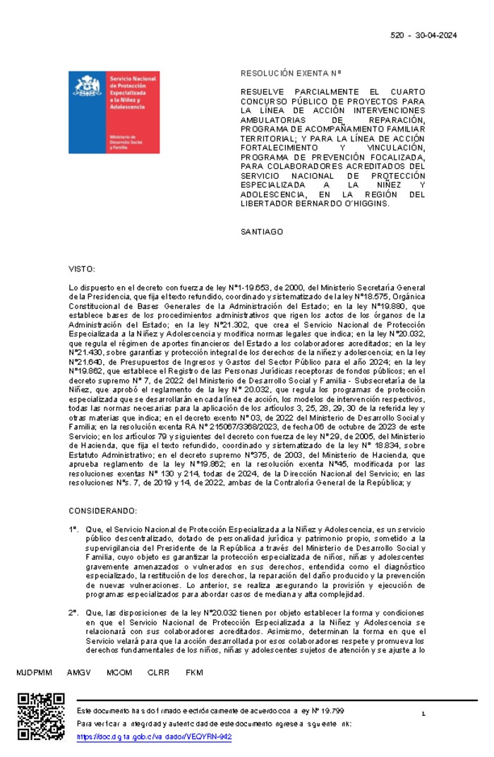 Resolución Exenta Nº520 que resuelve parcialmente el Quinto Concurso Público de Proyectos 2024 en la región de O'Higgins