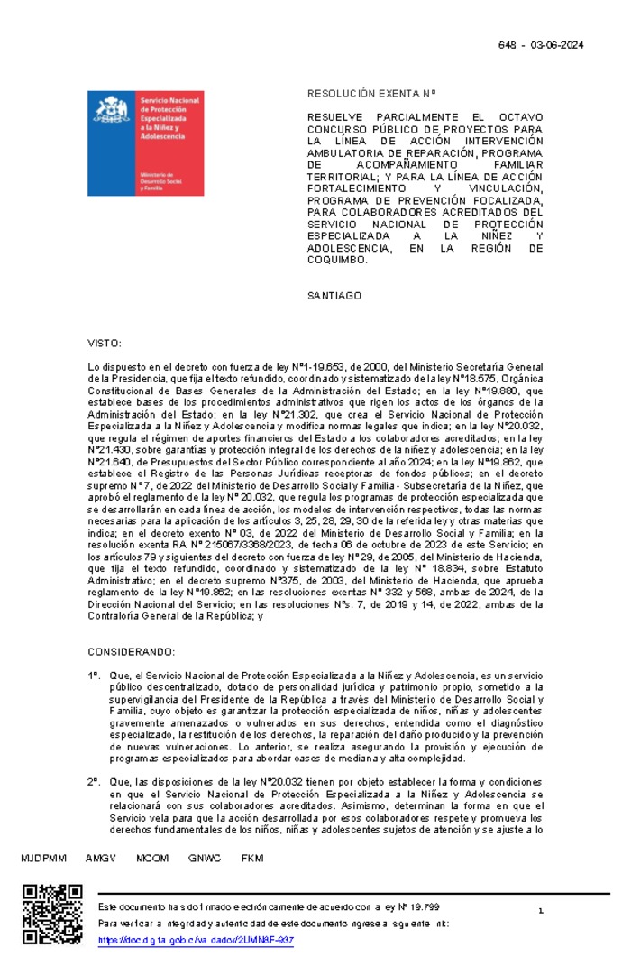 Resolución Exenta Nº648 que resuelve parcialmente el Octavo Concurso Público de Proyectos 2024 en la región de Coquimbo