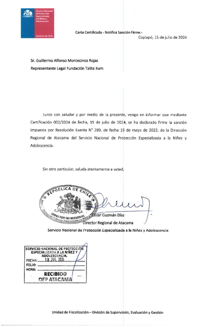 Resolución Exenta N° 289/2023 y certificación 2/2024, Amonestación Escrita-Fundación Talita Kum-PRM Larisa- Atacama