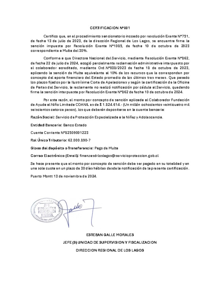 Certificación Sanción Firme Fundación Coanil - RDS Azaleas