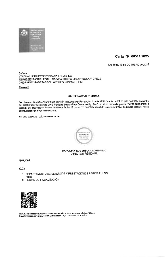 Sanción firme- ONG Participa Desarrolla y Crece (PADECRE)- REM PER CASA VALDIVIA M